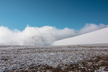 Frozen grasses on snowy stony pass in fog at sunrise. Snow-white glacier diagonal in mist under blue sky at early morning. Layered foggy view to low clouds in misty mountains in freshly fallen snow.