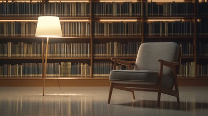 Cozy reading corner with a stylish chair and warm lamp illuminating a library backdrop