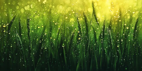 Experience the serene beauty of vibrant green wheat fields glistening with morning dew, captured in a simple yet elegant design that embodies freshness and vitality.