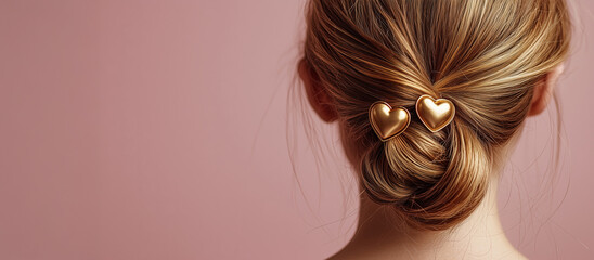 Golden heart clips decorating elegant low bun hairstyle. Valentine's Day beauty salon banner with copy space. Romantic hair promotion template.