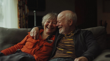 Fototapeta premium Joyful Elderly Couple Embracing with Laughter and Happiness, Enjoying Retirement, Love, and Togetherness