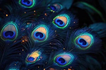Peacock feather patterns glowing with bioluminescent effects, where the vibrant, iridescent designs light up a dark, mystical forest, creating an enchanting, otherworldly scene