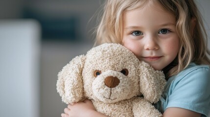 Girl hugging a plush dog toy, radiating warmth and innocence in a cozy environment.