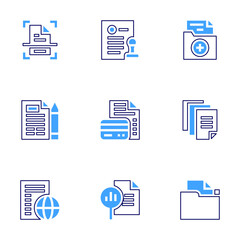 Documentation icon set. Bold line style. Duotone colors. Editable stroke. scan, document, report, data, folder