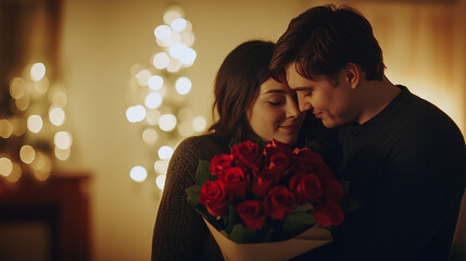 Romantic Valentine's Day Surprise with Man Giving a Stunning Bouquet of Red Roses to His Beloved for Love and Happiness
