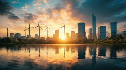 Naklejka premium Sunset city skyline with wind turbines and lake reflection
