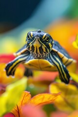 Obraz premium A baby turtle with black and yellow stripes is moving through the colorful plants, blur background