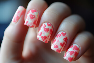 Romantic heart-themed nail art with a soft pink and white design. Perfect for Valentine's Day, dates, and special occasions.