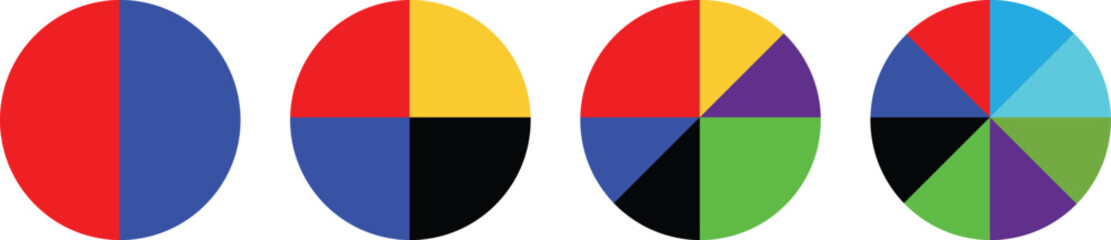 Pie charts diagrams. Pie chart infographic set. Different color circles. donut and pie chart infographic elements se. Vector illustration