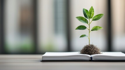 A small plant grows from an open book, symbolizing knowledge and growth.
