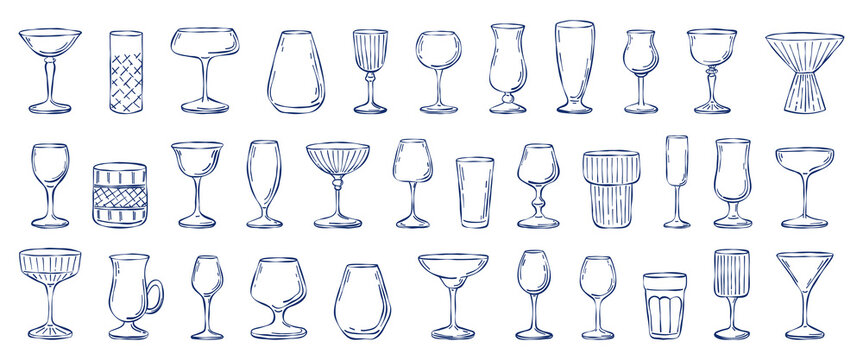 Simple hand drawn empty drink glass set. Vector line art minimalism wine, champagne, cocktail, juice glassware isolated elements collection