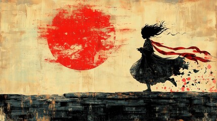 Fototapeta premium Girl running with red scarf in front of large red sun grunge style
