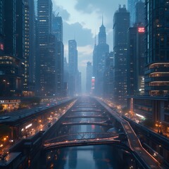 Obraz premium City of the future with skyscrapers made of glass and metal, floating bridges