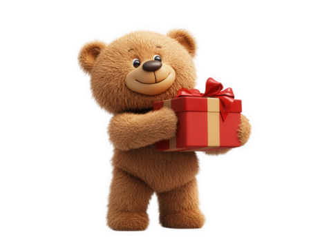 cheerful teddy bear holding festive gift box, radiating joy and warmth. Perfect for celebrations and special occasions