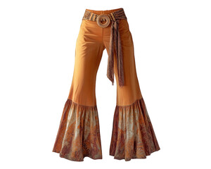 70s bell bottom pants with vibrant orange color and floral pattern
