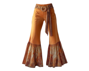70s bell bottom pants with vibrant orange color and floral pattern