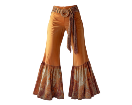 70s bell bottom pants with vibrant orange color and floral pattern