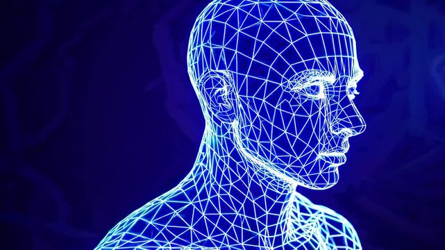 A futuristic head-and-shoulders portrait rendered in neon wireframe, accentuated by softly pulsing lights that underscore the abstract, tech-inspired theme.
