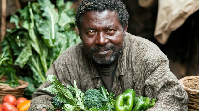 Portrait of a smiling African farmer holding fresh vegetables at a local market. Promoting healthy eating and sustainable agriculture.