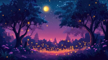 Enchanting Night Scene Fireflies Glow Moonlit Forest