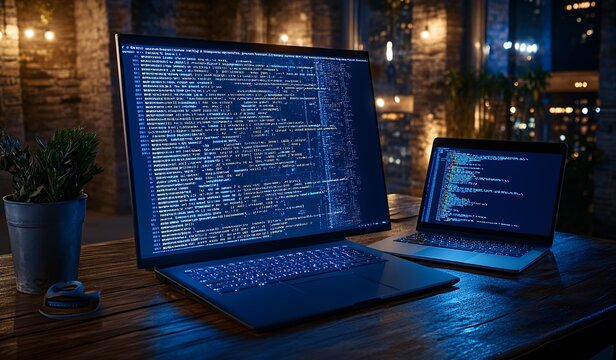 Nighttime Coding Session Two Laptops Displaying Blue Tinted Code on a Wooden Table