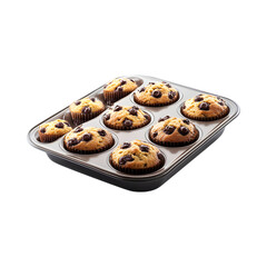 Stylish Ceramic Muffin Tray with Polished Finish Featuring Chocolate Chip Muffins Isolated on Transparent Background