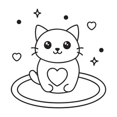 Cute Cartoon Cat Illustration with Heart Design for Coloring Books and Kids' Projects