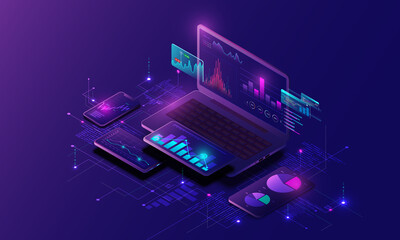Technology background image on laptop, financial graph concept, business analysis, market