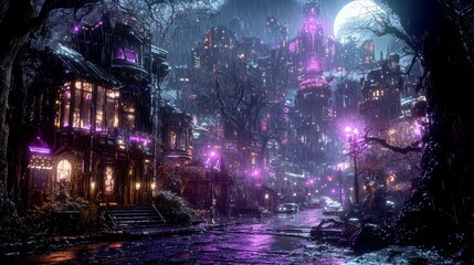 Obraz premium Rainy Gothic City at Night: A Dark Fantasy Streetscape