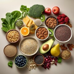 A variety of healthy foods, including fruits, vegetables, seeds, superfoods, cereals, and leafy greens
