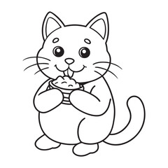 Adorable Cat Eating a Cookie Illustration in Black and White for Kids' Coloring Pages