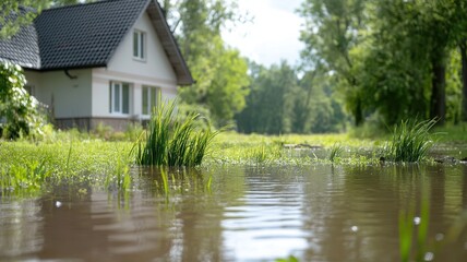Obraz premium Flooded landscape with a house amid greenery and calm water reflections.