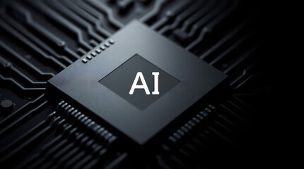 a close-up of a black microchip with "AI" written in white in the center. The microchip is sitting on a circuit board with a dark background