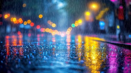 Naklejka premium Rainy Night Cityscape: Vibrant Reflections and Glowing Lights