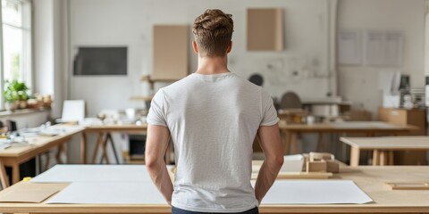 Young man in a creative workspace, contemplating his work.