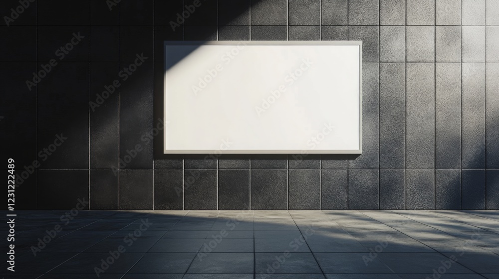 Poster a blank billboard on a textured wall, illuminated by soft light, creating a minimalistic and modern 