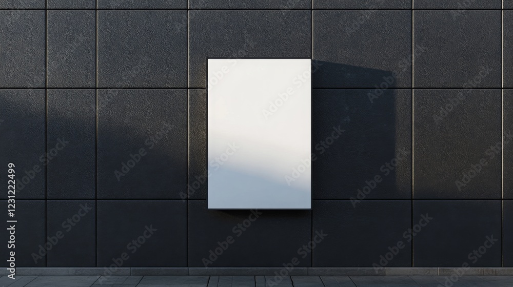 Aufkleber A minimalist white panel is mounted on a dark textured wall, casting a subtle shadow, creating a stark contrast in design.