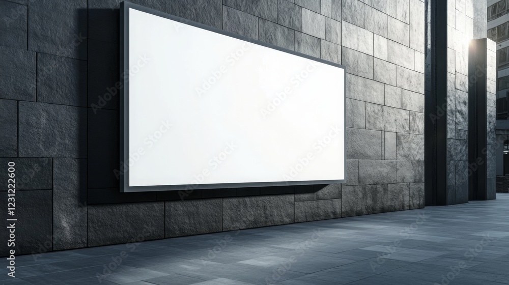 Poster a blank billboard mounted on a textured stone wall, illuminated by soft light, creating a modern and