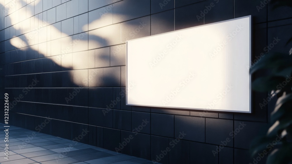 Poster a blank billboard against a dark wall, illuminated by soft light, creating a contrast with its surro