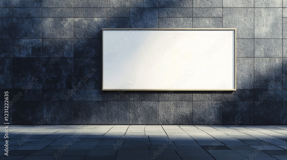Aufkleber A blank billboard mounted on a textured stone wall, illuminated by soft light, creating a minimalistic and modern aesthetic.
