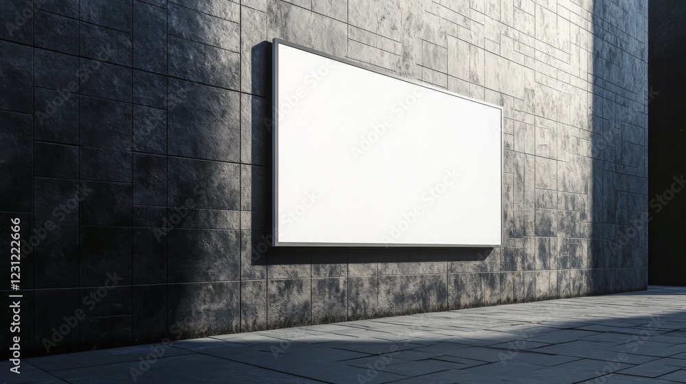 Poster A minimalistic blank billboard on a textured wall, illuminated by soft lighting, emphasizing space for advertisements or messages.