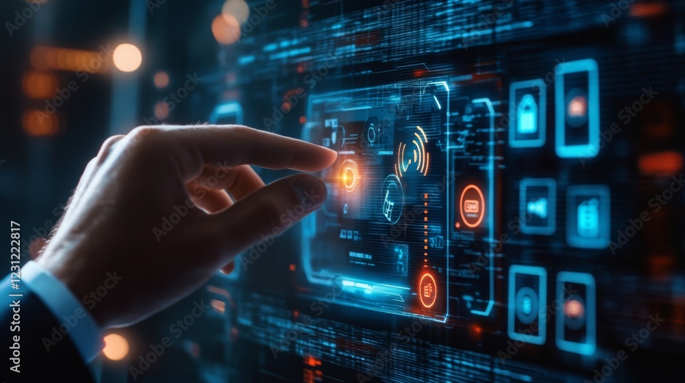 Poster a hand interacts with a futuristic digital interface featuring glowing buttons and security icons, r