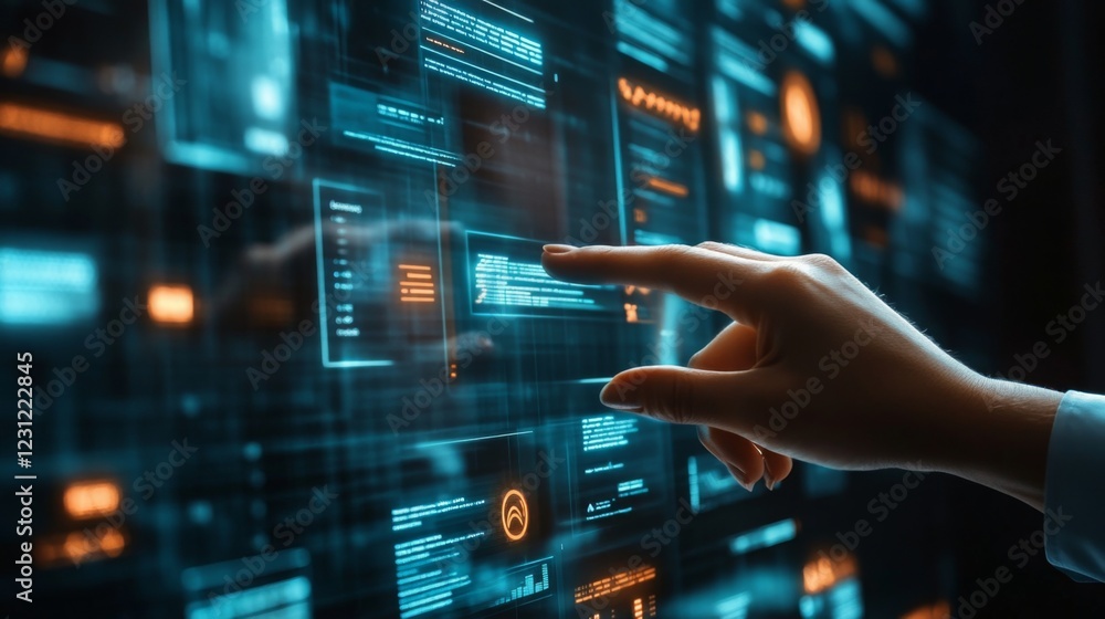Poster a hand interacts with a futuristic digital interface displaying glowing data and graphical elements,