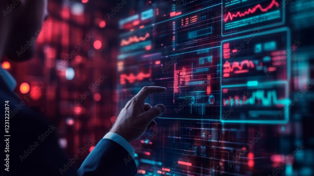 Poster a person interacts with a futuristic digital interface displaying data analytics and graphs in a hig