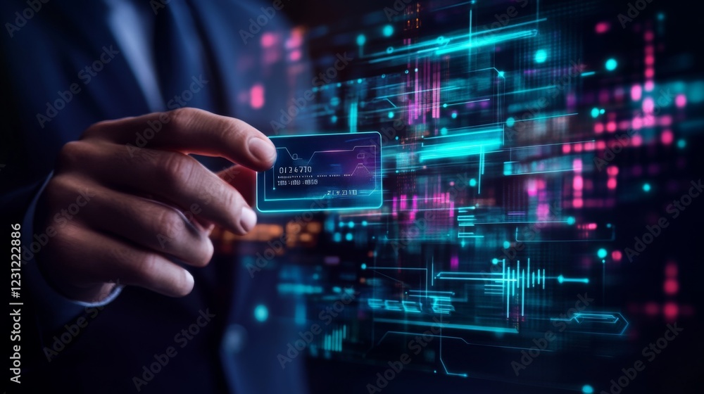 Poster a person in a suit holds a transparent card, surrounded by vibrant digital data streams and holograp