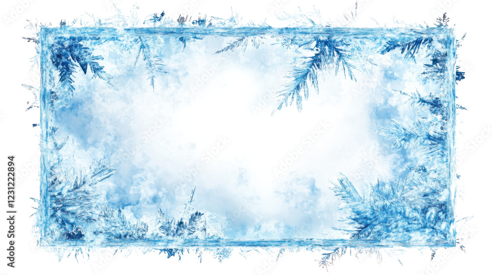 Poster frozen window with ice crystals creating a winter frame on transparent background