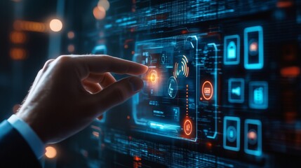 A hand interacts with a futuristic digital interface featuring glowing buttons and security icons, representing advanced technology and digital interaction.