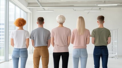 Obraz premium Five diverse individuals stand together, viewed from behind.