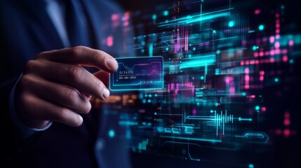 A person in a suit holds a transparent card, surrounded by vibrant digital data streams and holographic graphics, representing technology and innovation.
