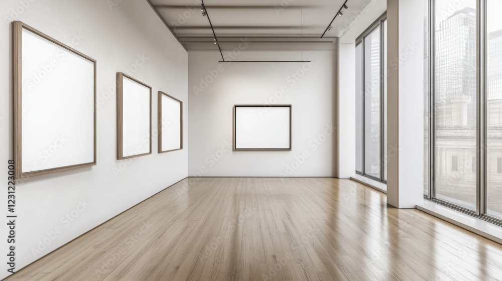 Poster a minimalist art gallery featuring empty frames on white walls, with large windows allowing natural 